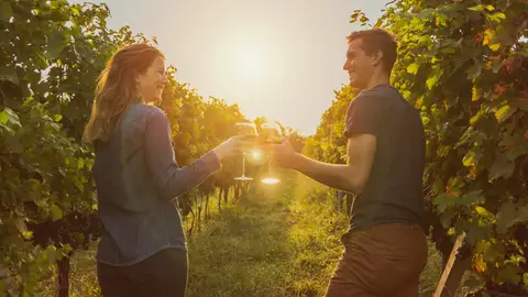 Dos personas tomando vino en una viña Dos personas tomando vino en una viña