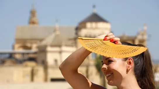 Una mujer se protege del sol con un abanico en Córdoba, ayer. Una mujer se protege del sol con un abanico en Córdoba, ayer.