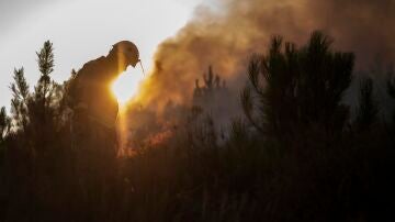 Un bombero forestal trabaja en la extinción del incendio que permanece activo en Verín (Ourense).