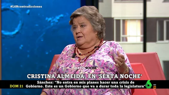 Cristina Almeida: "Esta coalición está aguantando, no tiene que terminarse antes y si quieren cambiar a ministros, que los cambien" Cristina Almeida: "Esta coalición está aguantando, no tiene que terminarse antes y si quieren cambiar a ministros, que los cambien"