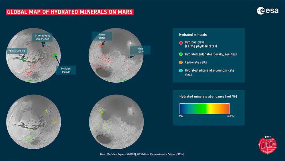 Mapa de Marte de minerales con restos acuosos