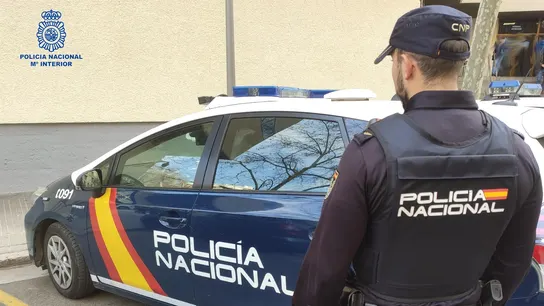 Un agente de la Policía Nacional en Palma junto al coche policial. Un agente de la Policía Nacional en Palma junto al coche policial.