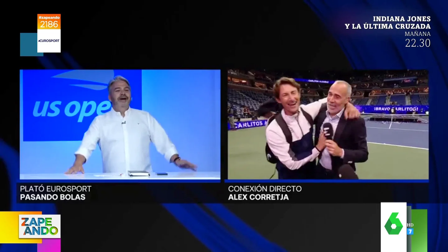 El cómico susto de Juan Carlos Ferrero a Alex Corretja en directo celebrando la victoria de Alcaraz: "¡Me vas a matar!" El cómico susto de Juan Carlos Ferrero a Alex Corretja en directo celebrando la victoria de Alcaraz: "¡Me vas a matar!"