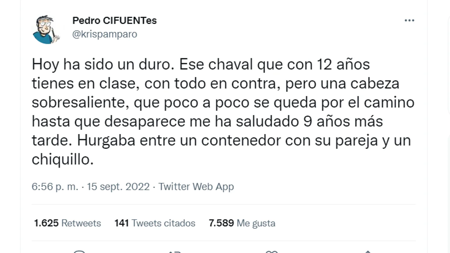 El durísimo alegato de un profesor tras encontrarse a un exalumno hurgando en el contenedor con un niño pequeño El durísimo alegato de un profesor tras encontrarse a un exalumno hurgando en el contenedor con un niño pequeño