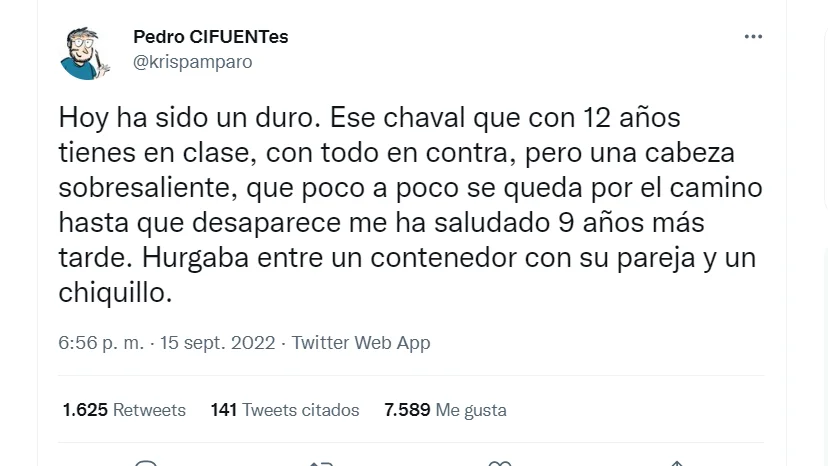 El durísimo alegato de un profesor tras encontrarse a un exalumno hurgando en el contenedor con un niño pequeño