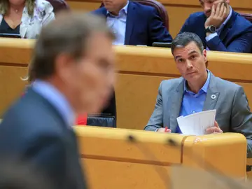 El presidente del Gobierno, Pedro Sánchez, escucha al líder del PP, Alberto Núñez Feijóo, en el Senado.