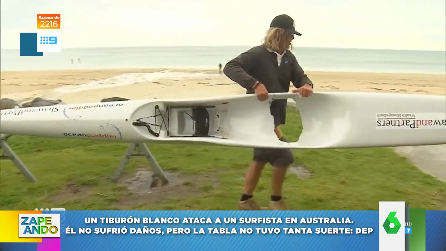 Así acaba la tabla de surf de este hombre tras sufrir el ataque de un tiburón en plena competición Así acaba la tabla de surf de este hombre tras sufrir el ataque de un tiburón en plena competición