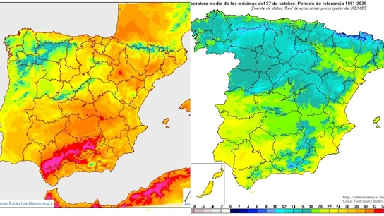 Comparativa de la temperatura que tendremos hoy Vs. la que deberíamos tener a 27 de octubre Comparativa de la temperatura que tendremos hoy Vs. la que deberíamos tener a 27 de octubre