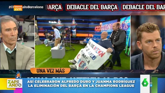 Así celebraron Alfredo Duro y Juanma Rodríguez la eliminación del Barça en la Champions en El Chiringuito Así celebraron Alfredo Duro y Juanma Rodríguez la eliminación del Barça en la Champions en El Chiringuito