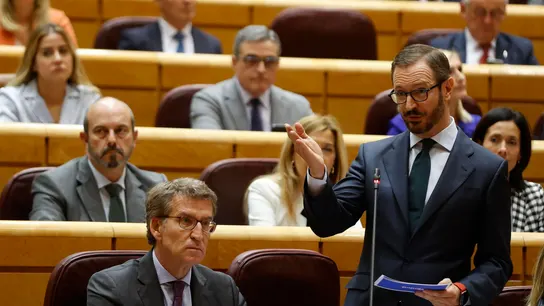 El portavoz del PP en el Senado, Javier Maroto, interviene junto al líder de su partido, Alberto Núñez Feijóo. El portavoz del PP en el Senado, Javier Maroto, interviene junto al líder de su partido, Alberto Núñez Feijóo.