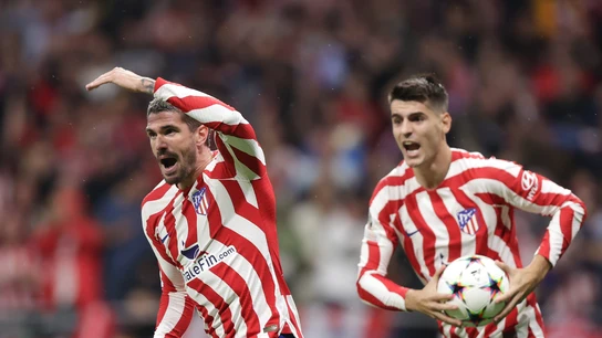 De Paul y Morata celebran un tanto ante el Bayer Leverkusen De Paul y Morata celebran un tanto ante el Bayer Leverkusen