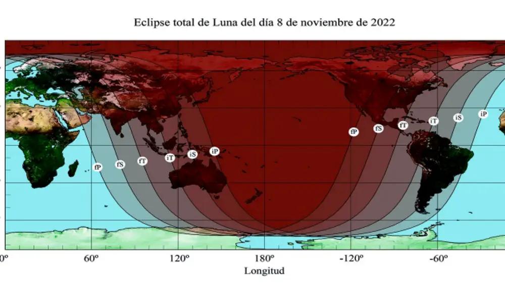 Mapa de zonas donde se podrá ver el eclipse total de Luna