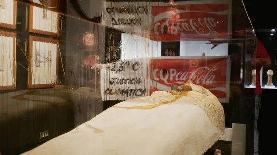 Vista de la protesta de dos militantes de Futuro Vegetal que han bañado con "petróleo" falso la vitrina de una réplica de momia faraónica Vista de la protesta de dos militantes de Futuro Vegetal que han bañado con "petróleo" falso la vitrina de una réplica de momia faraónica
