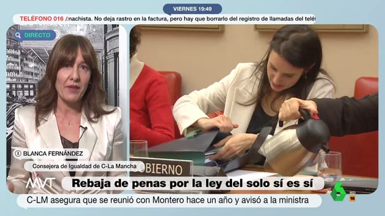 La consejera de Igualdad de Castilla-La Mancha afirma que advirtió a Montero sobre la ley del 'Solo sí es sí': "Mis miedos se han cumplido" La consejera de Igualdad de Castilla-La Mancha afirma que advirtió a Montero sobre la ley del 'Solo sí es sí': "Mis miedos se han cumplido"
