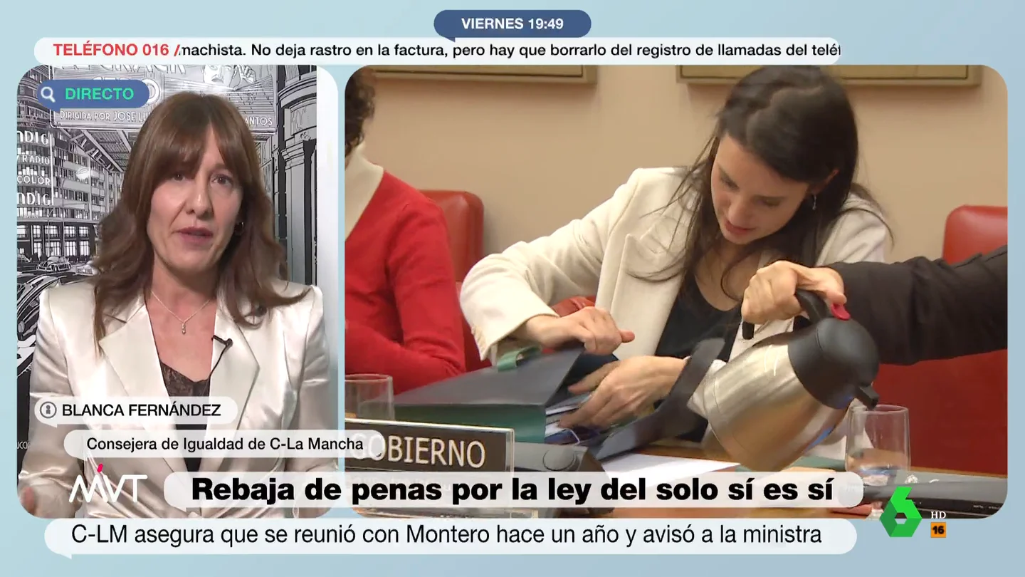 La consejera de Igualdad de Castilla-La Mancha afirma que advirtió a Montero sobre la ley del 'Solo sí es sí': "Mis miedos se han cumplido" La consejera de Igualdad de Castilla-La Mancha afirma que advirtió a Montero sobre la ley del 'Solo sí es sí': "Mis miedos se han cumplido"