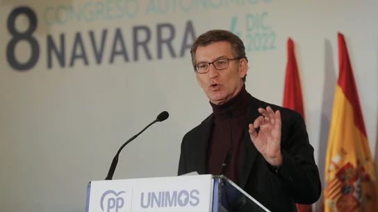 El presidente del PP, Alberto Núñez Feijóo, durante su intervención este domingo en Pamplona en la clausura del octavo congreso del PPN. El presidente del PP, Alberto Núñez Feijóo, durante su intervención este domingo en Pamplona en la clausura del octavo congreso del PPN.