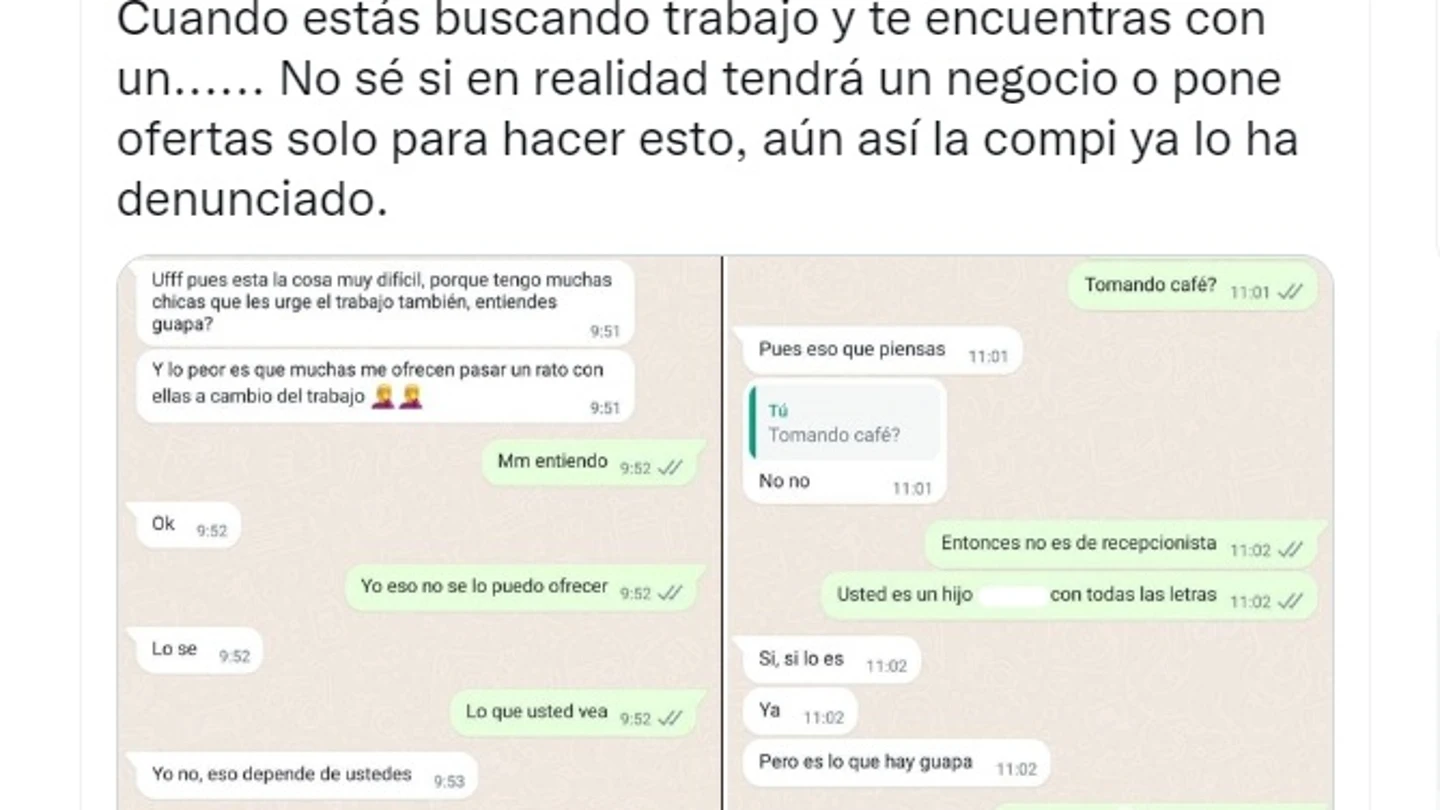 La denigrante propuesta que le hacen a una mujer que preguntaba por un trabajo de recepcionista La denigrante propuesta que le hacen a una mujer que preguntaba por un trabajo de recepcionista