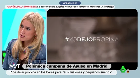 La indignación de Afra Blanco con la campaña de Ayuso sobre las propinas: "Es una vergüenza y un insulto a los profesionales" La indignación de Afra Blanco con la campaña de Ayuso sobre las propinas: "Es una vergüenza y un insulto a los profesionales"