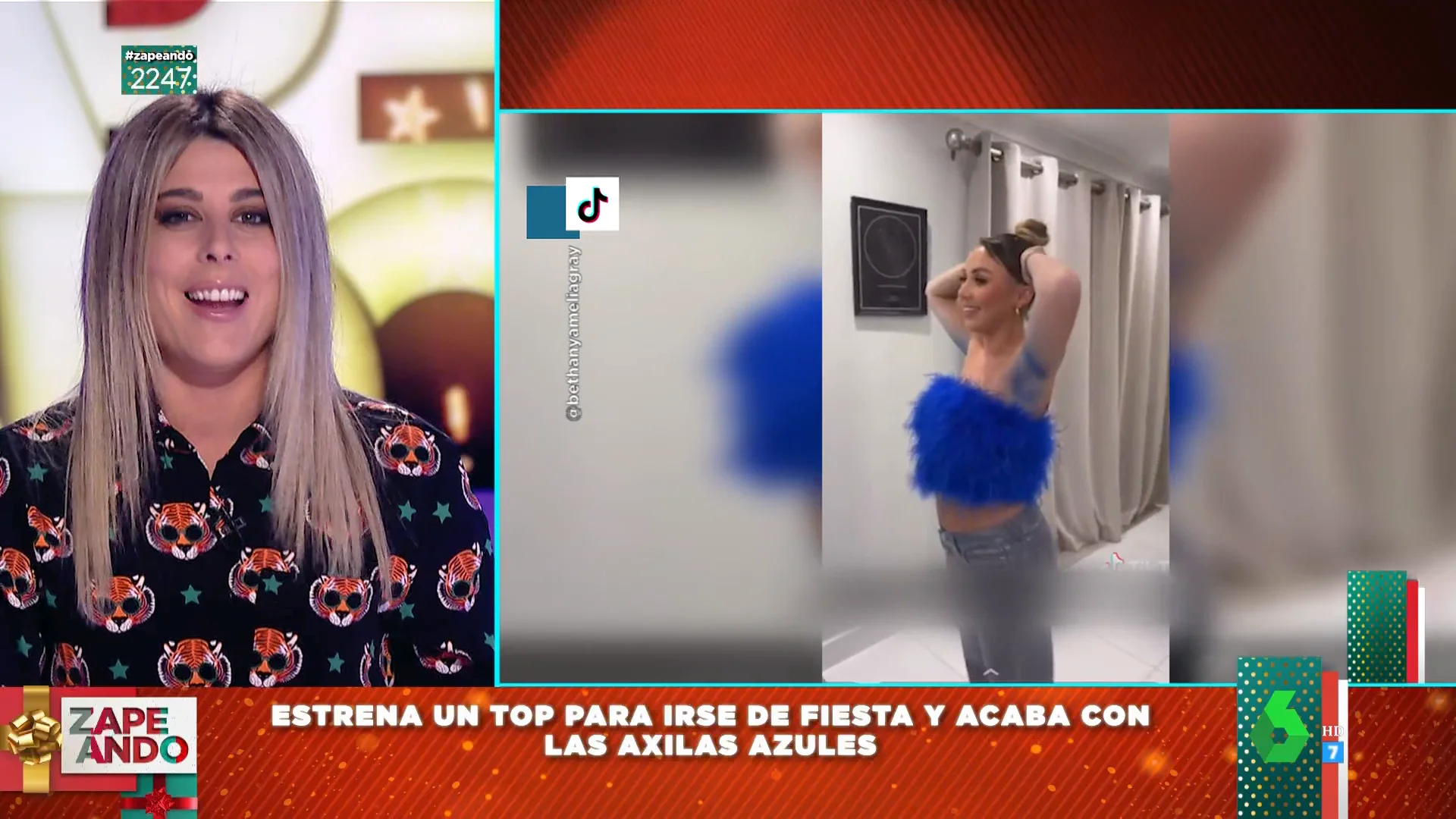 Una mujer se vuelve viral en Tik Tok después de mostrar las consecuencias de salir de fiesta con un top de plumas azules