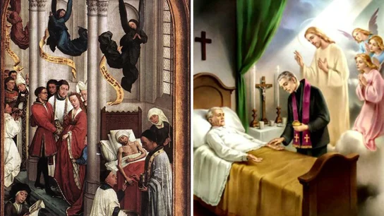 La extremaunción, en dos imágenes. A la izquierda, el cuadro de Roger van der Weyden del siglo XV La extremaunción, en dos imágenes. A la izquierda, el cuadro de Roger van der Weyden del siglo XV