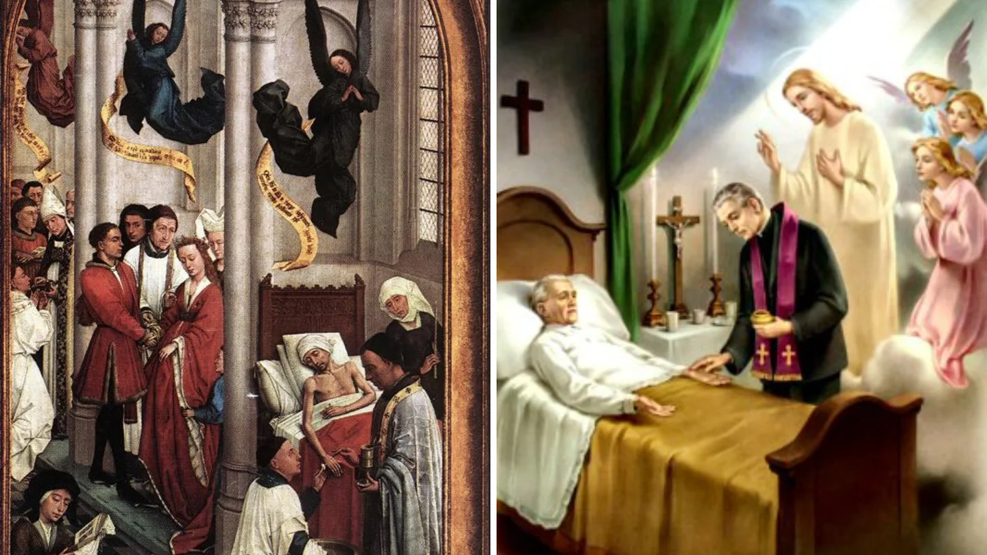 La extremaunción, en dos imágenes. A la izquierda, el cuadro de Roger van der Weyden del siglo XV La extremaunción, en dos imágenes. A la izquierda, el cuadro de Roger van der Weyden del siglo XV