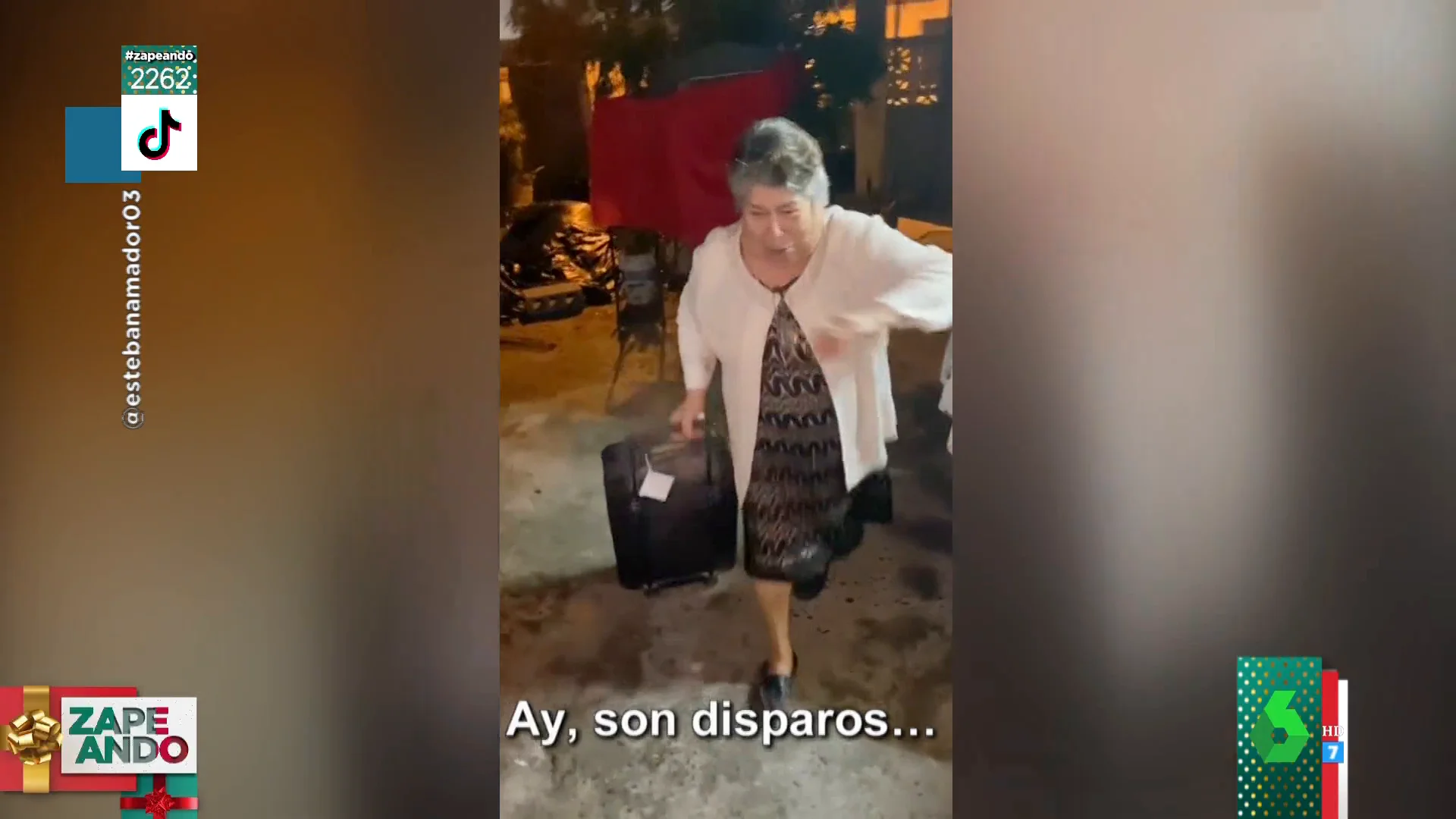 La reacción de una abuela al darse cuenta de que lo que suenan son disparos y no cohetes 