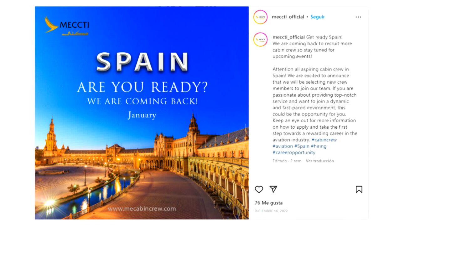 La publicaci&oacute;n de Instagram borrada por la empresa de selecci&oacute;n de azafatas