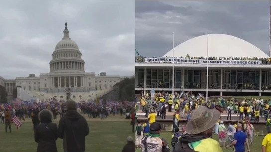 Momento del asalto al Capitolio de Estados Unidos (izquierda) y al Congreso de Brasil (derecha) Momento del asalto al Capitolio de Estados Unidos (izquierda) y al Congreso de Brasil (derecha)