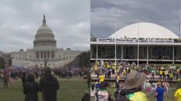 Momento del asalto al Capitolio de Estados Unidos (izquierda) y al Congreso de Brasil (derecha)