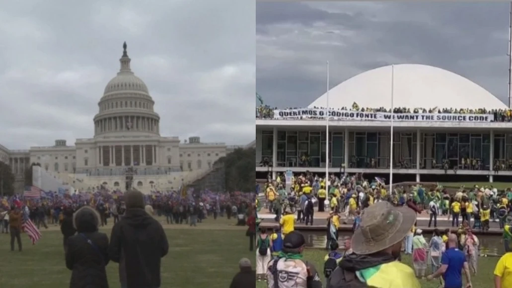 Momento del asalto al Capitolio de Estados Unidos (izquierda) y al Congreso de Brasil (derecha)