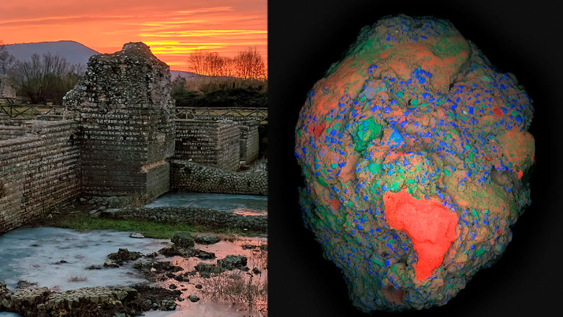 Mapa de elementos de un fragmento de hormigón romano, con un clasto de cal Mapa de elementos de un fragmento de hormigón romano, con un clasto de cal