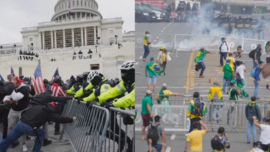La policía se enfrenta a los asaltantes en el Capitolio (izquierda) y en el Congreso de Brasil (derecha) La policía se enfrenta a los asaltantes en el Capitolio (izquierda) y en el Congreso de Brasil (derecha)