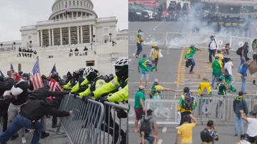 La policía se enfrenta a los asaltantes en el Capitolio (izquierda) y en el Congreso de Brasil (derecha)
