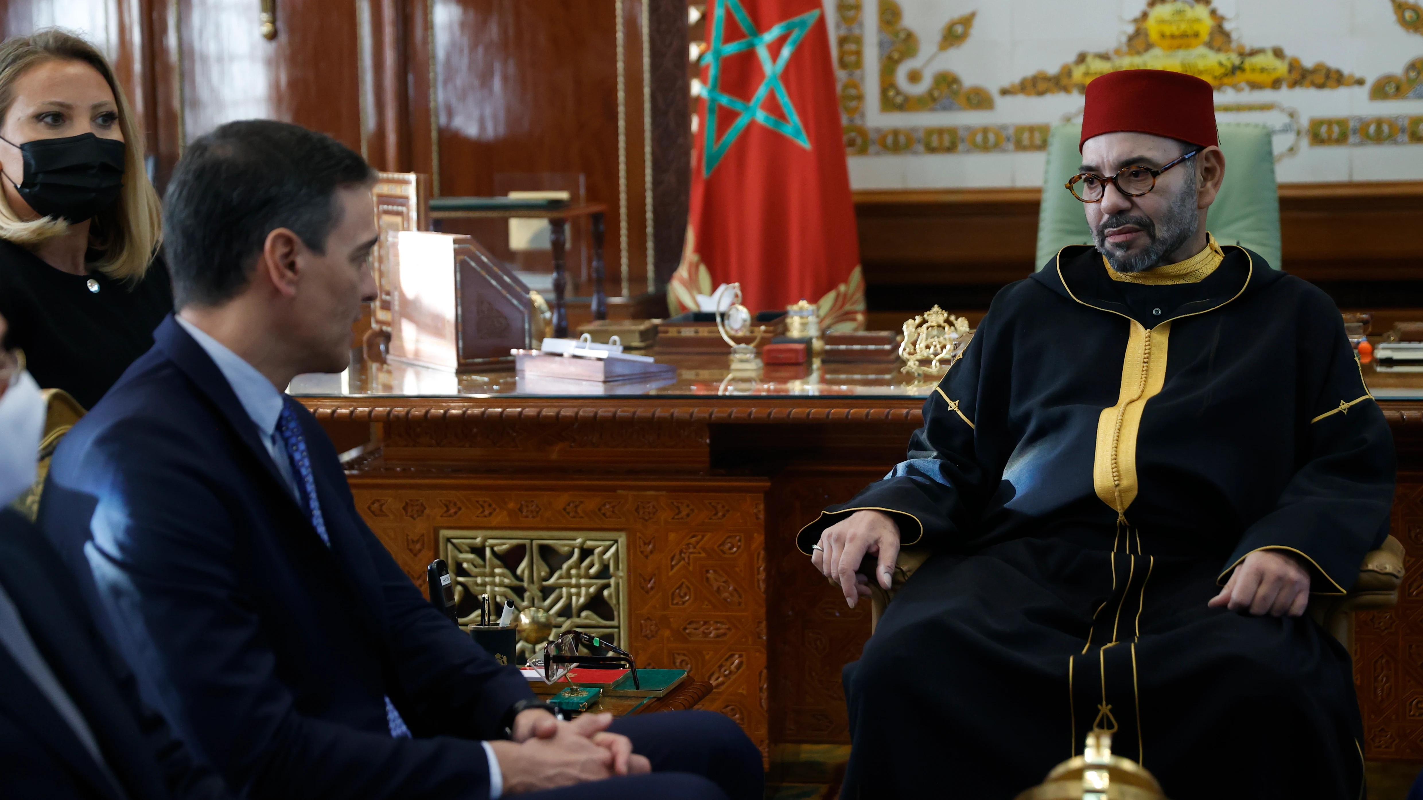 Último encuentro entre Pedro Sánchez y el rey de Marruecos, Mohamed VI, en Rabat.