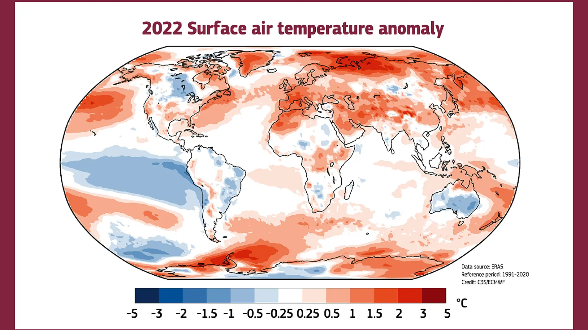 Temperatura del aire en 2022 en relación con su media de 1991-2020