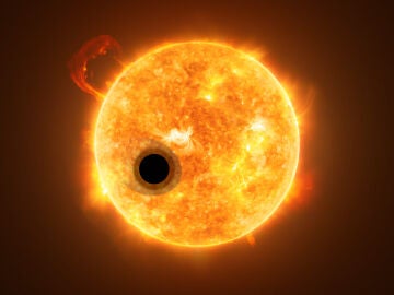 Representación de un artista de un exoplaneta con una cola de helio escapando