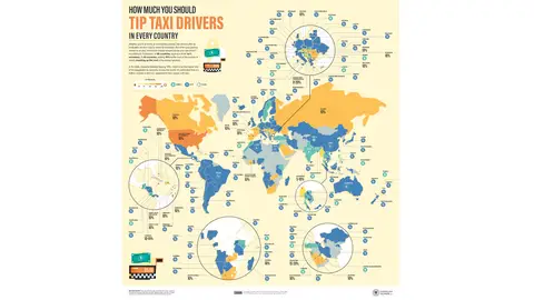 El mapa con la propina para taxis de todos los países del mundo El mapa con la propina para taxis de todos los países del mundo