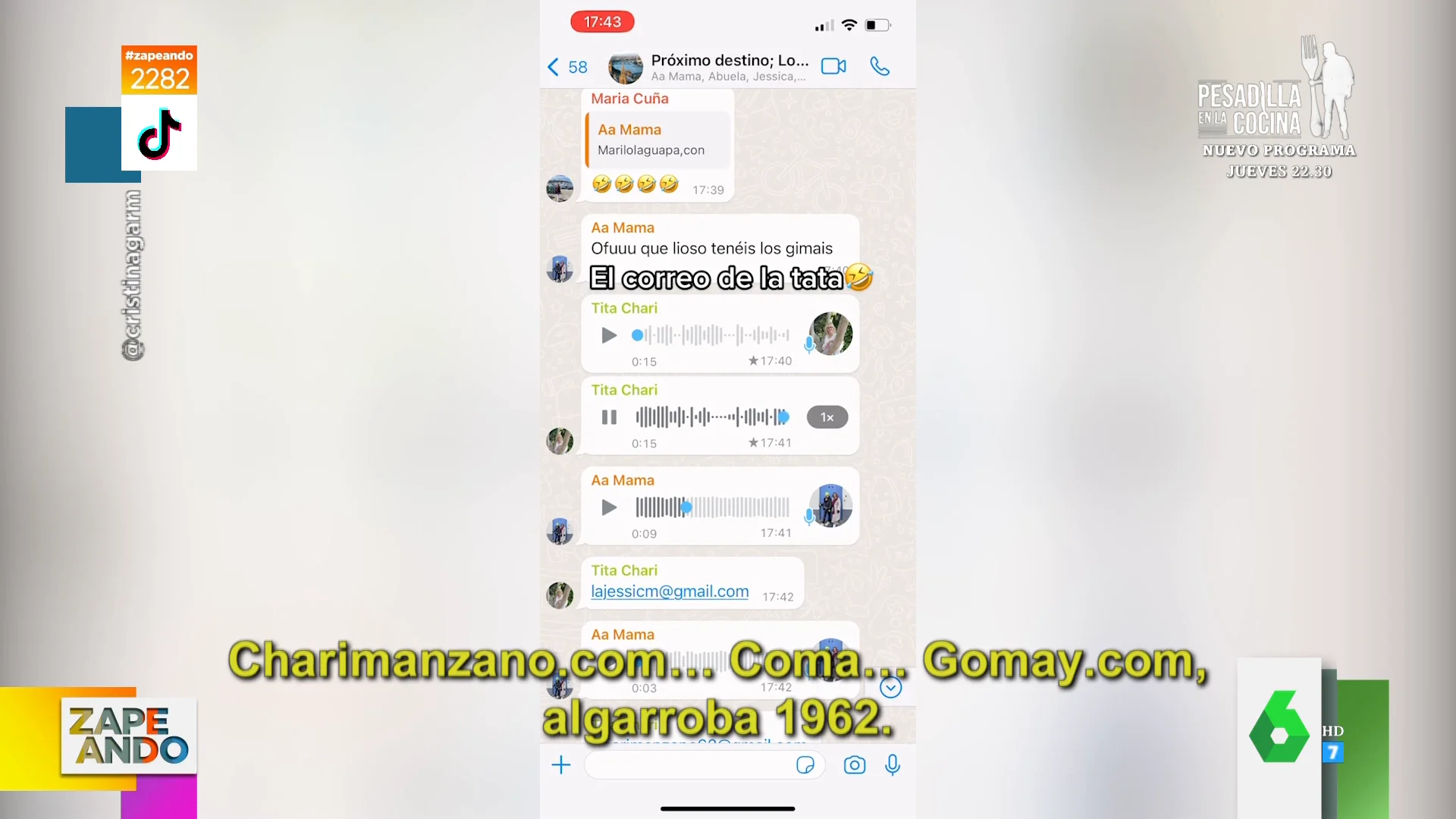 El divertido audio de una señora mandando su correo por Whatsapp: "Es 'gomail punto coma', se me ha olvidado la algarroba"
