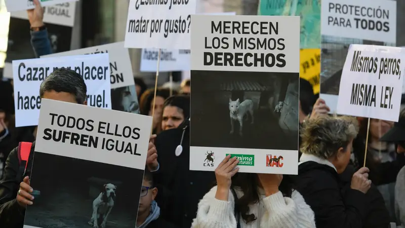 Protestas animalistas contra la exclusión de los perros de caza de la ley de bienestar animal