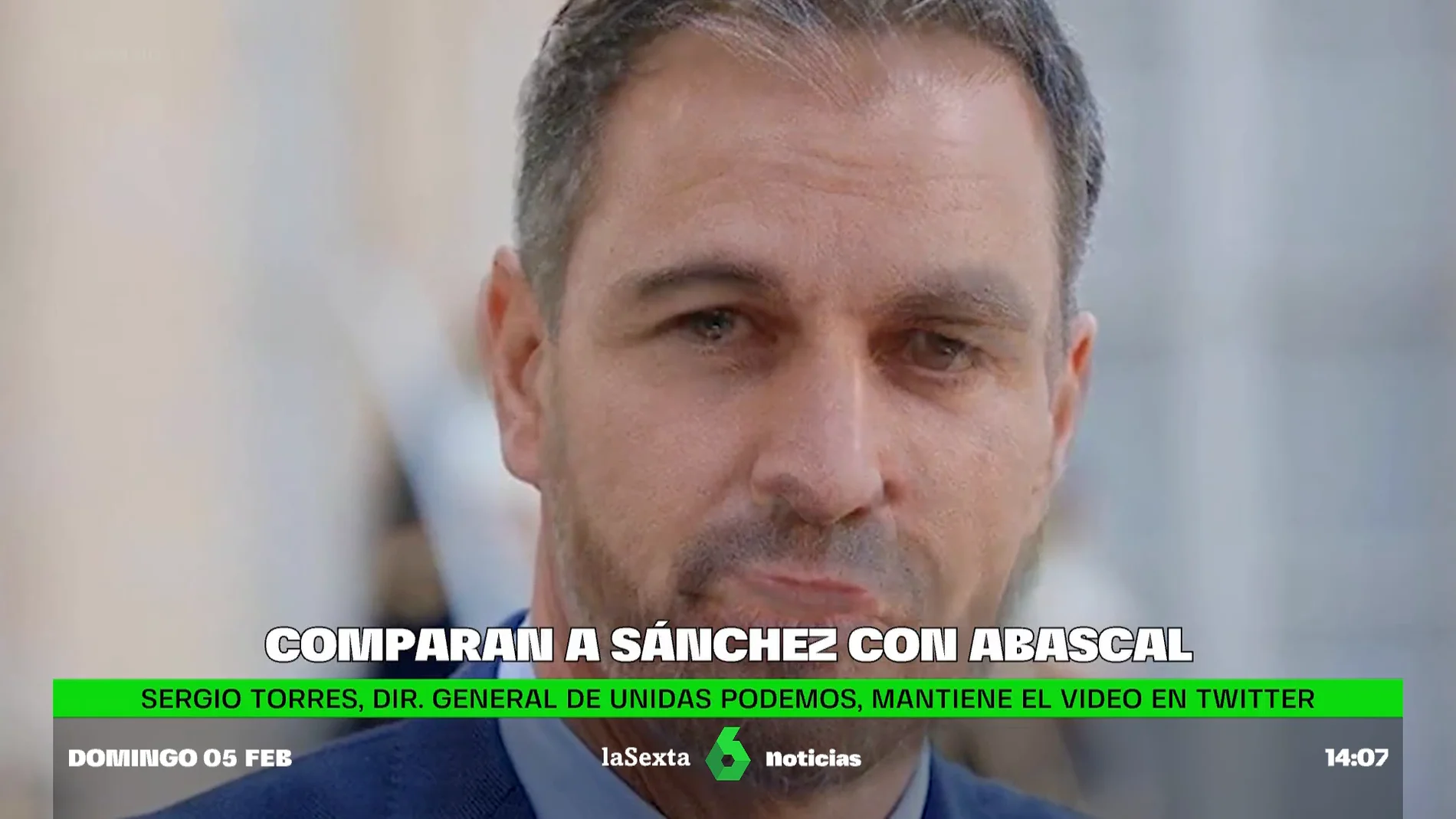 Sergio Torres (Unidas Podemos) mantiene en sus redes el vídeo que equipara a Pedro Sánchez con Abascal