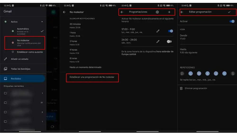 Activando no molestar en el chat e Gmail Activando no molestar en el chat e Gmail