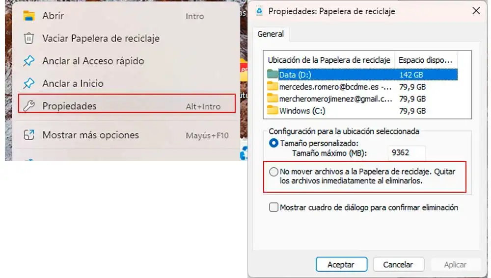 Desactivando la papelera Desactivando la papelera