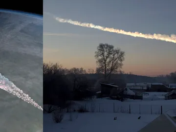 Simulación en 3D y fotografía real de la explosión del meteoro de Cheliábinsk. Simulación en 3D y fotografía real de la explosión del meteoro de Cheliábinsk.