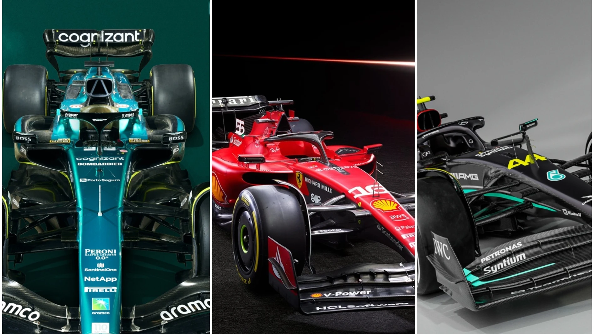 El Aston Martin, el Ferrari y el Mercedes de 2023