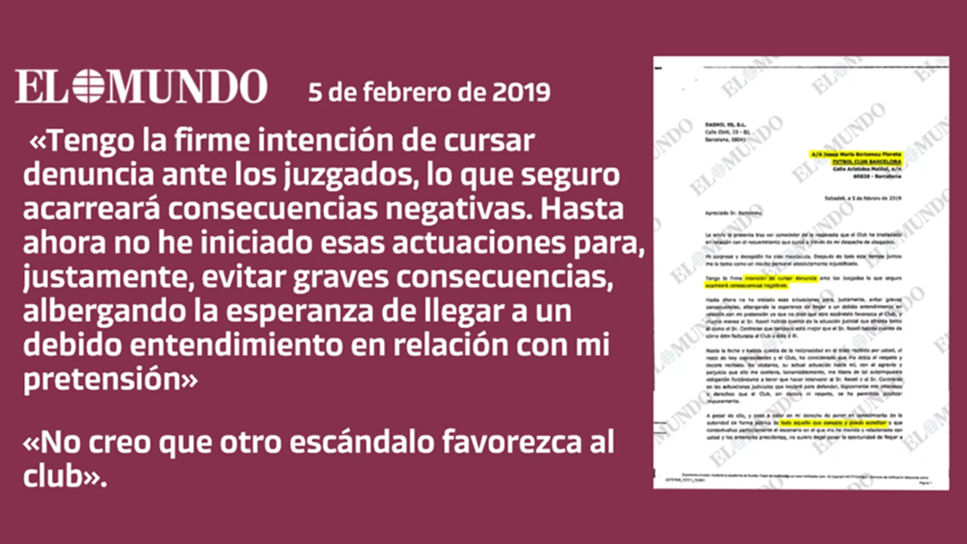 Burofax que envió Negreira al Barcelona en 2019