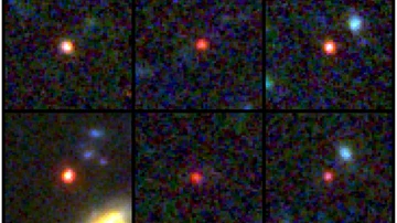 Imágenes de seis galaxias masivas vistas entre 500 y 800 millones de años después del Big Bang.