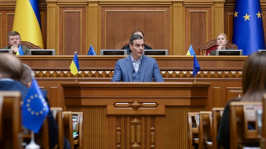 El presidente del Gobierno, Pedro Sánchez, en su discurso ante la Rada. El presidente del Gobierno, Pedro Sánchez, en su discurso ante la Rada.