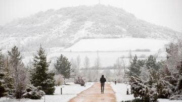 Un hombre pasea por un parque de Vitoria cubierto por la nieve en la mañana de este jueves