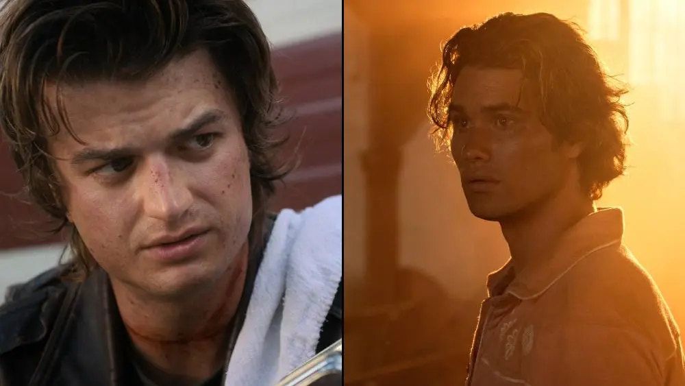 Joe Keery como Steve Harrington en 'Stranger Things 4' y Chase Stokes como John B en 'Outer Banks'.