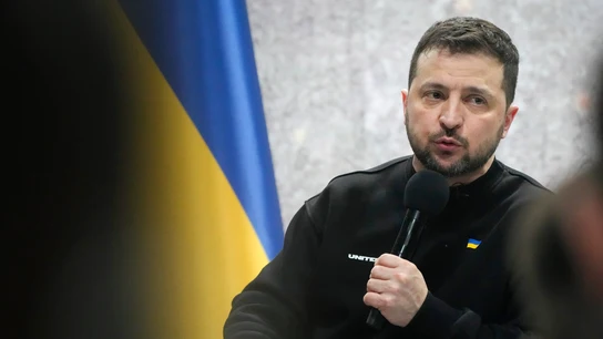 El presidente de Ucrania, Volodímir Zelenski, en la rueda de prensa del aniversario de la invasión. El presidente de Ucrania, Volodímir Zelenski, en la rueda de prensa del aniversario de la invasión.